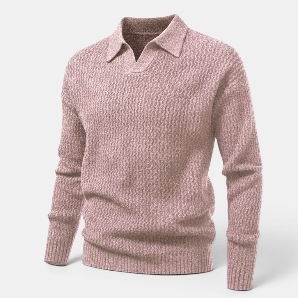 Allzom camisola de malha rosa com gola polo e textura. Manga comprida, punhos e bainha canelados.