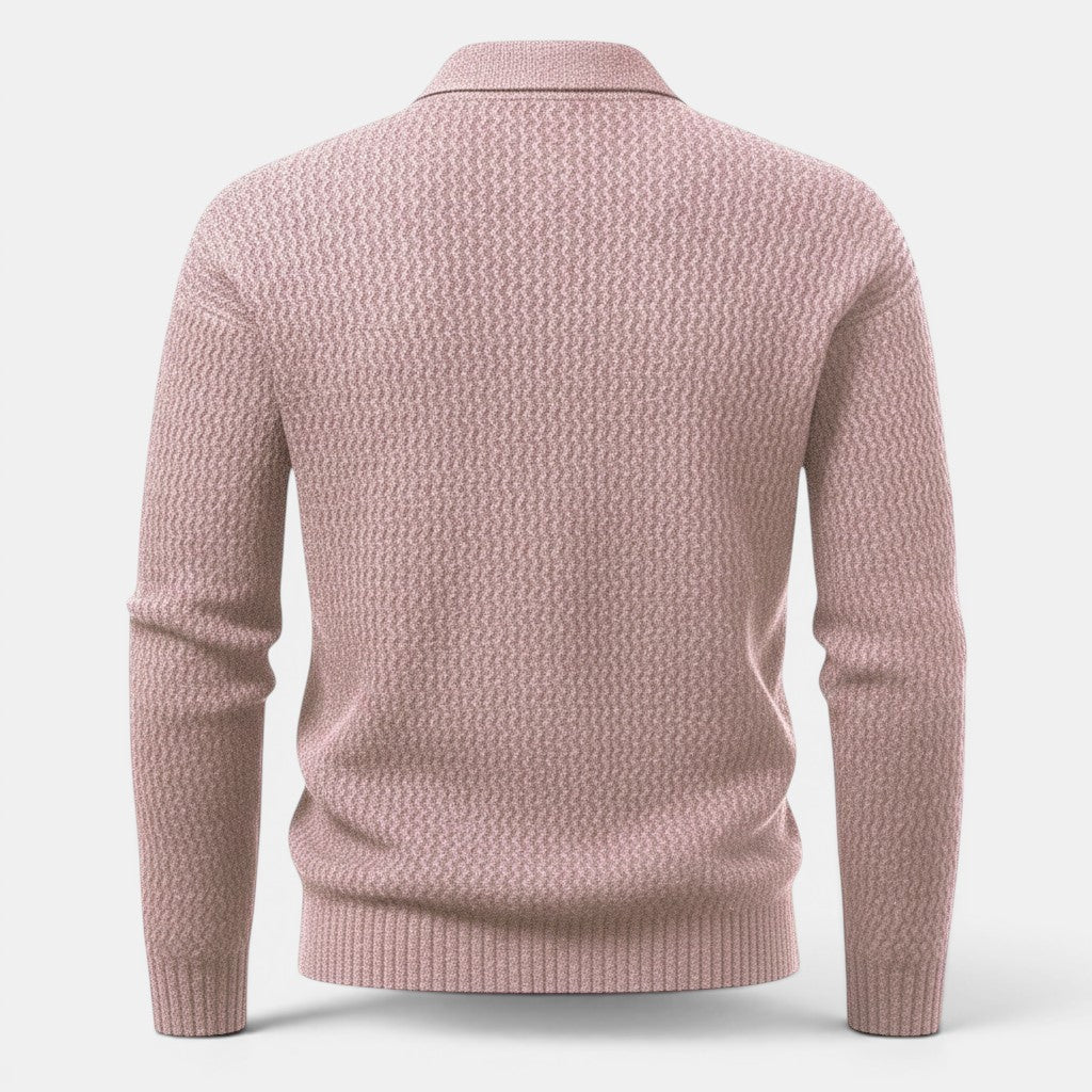 Camisola de malha Allzom rosa com gola polo e textura, ideal para o outono/inverno.