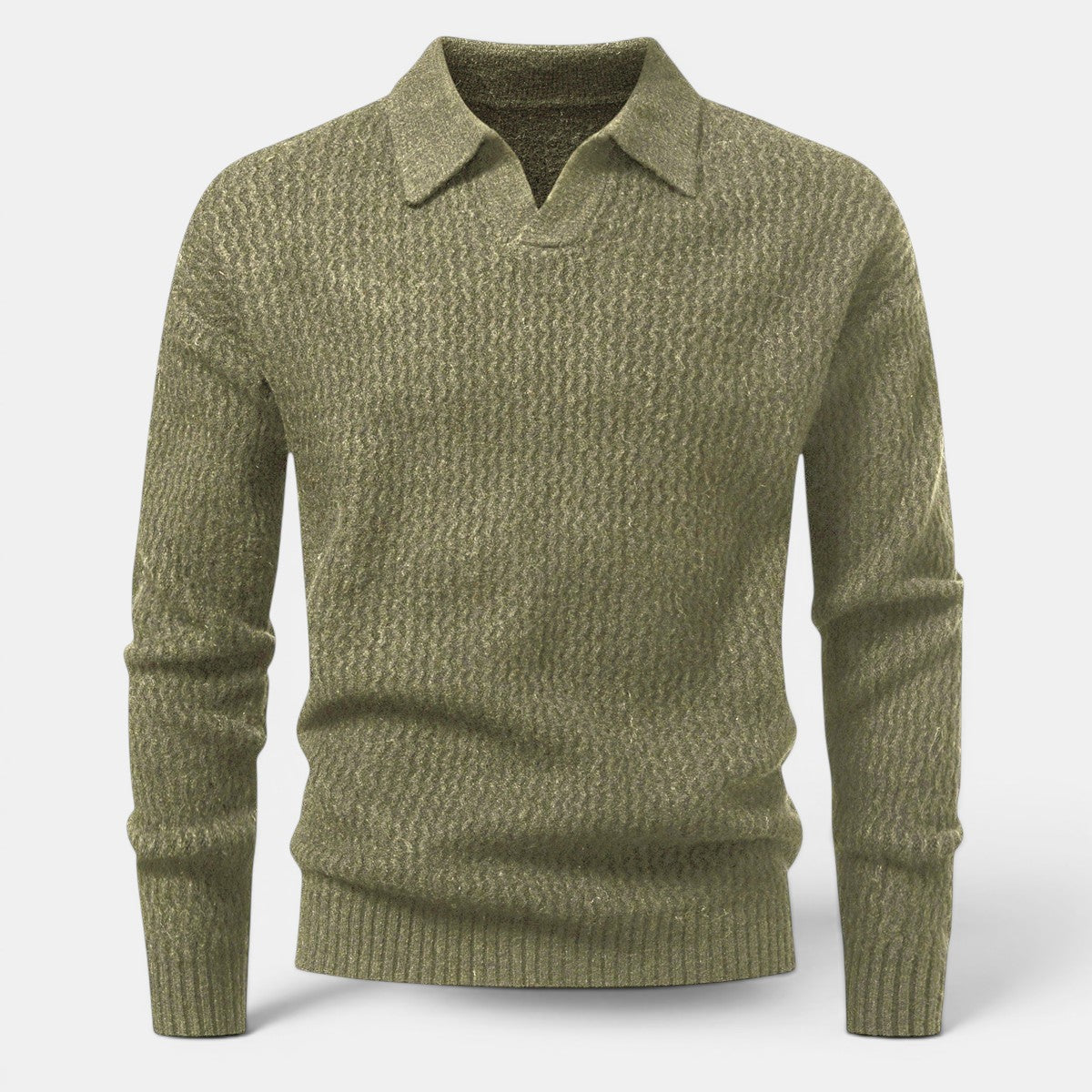 Camisola de malha Allzom verde texturizada com gola polo e abertura em V. Manga comprida.