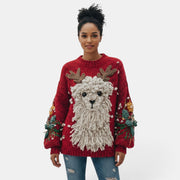 Allzom mulher camisola vermelha com rena 3D em relevo e detalhes de natal nas mangas.