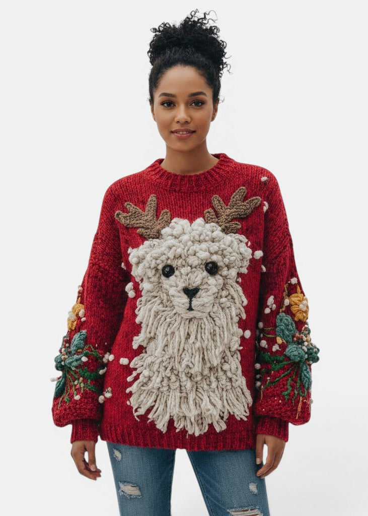 Allzom mulher camisola vermelha com rena 3D em relevo e detalhes de natal nas mangas.
