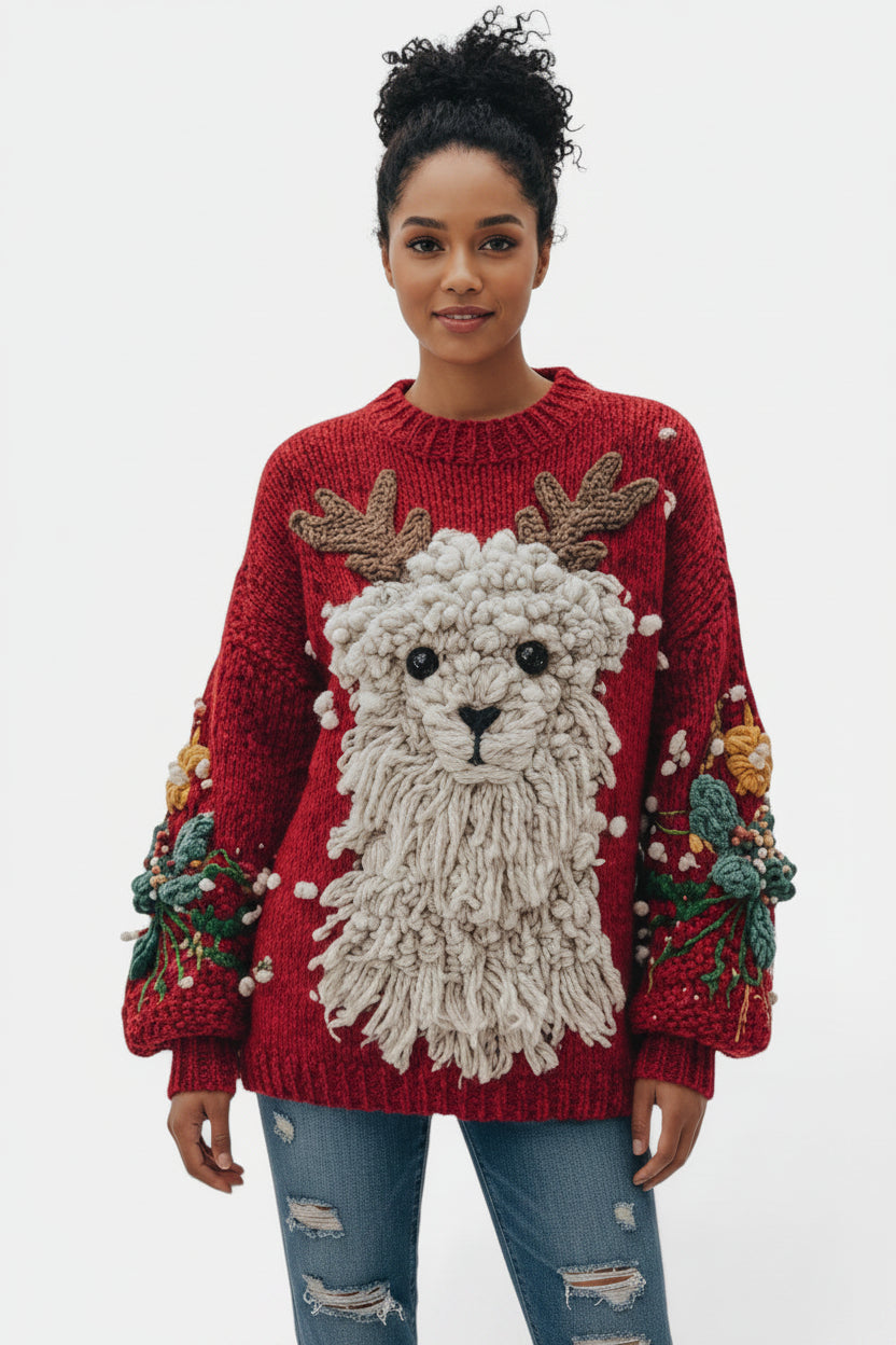 Allzom mulher camisola vermelha com rena 3D em relevo e detalhes de natal nas mangas.