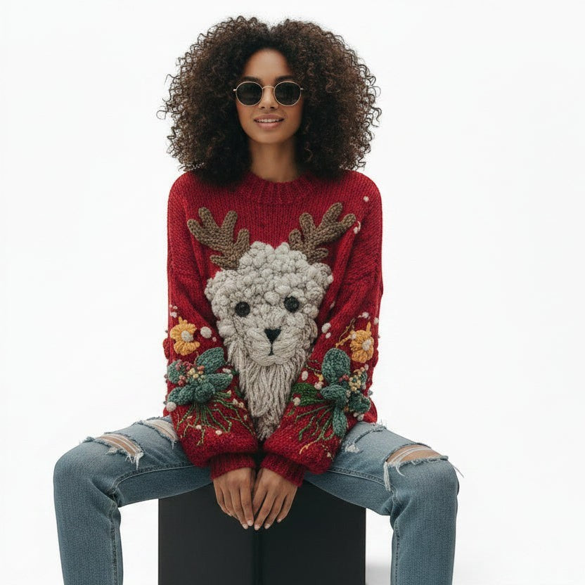 Allzom mulher camisola vermelha com rena 3D e detalhes de flores e ramos, ajuste solto, gola redonda.