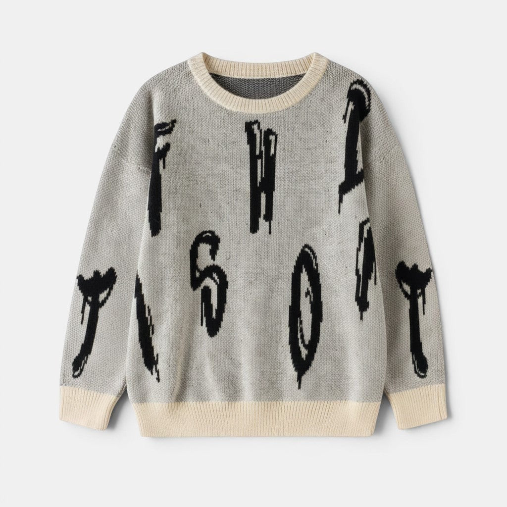 Allzom camisola de malha cinzenta com padrão de letras pretas e gola redonda bege.
