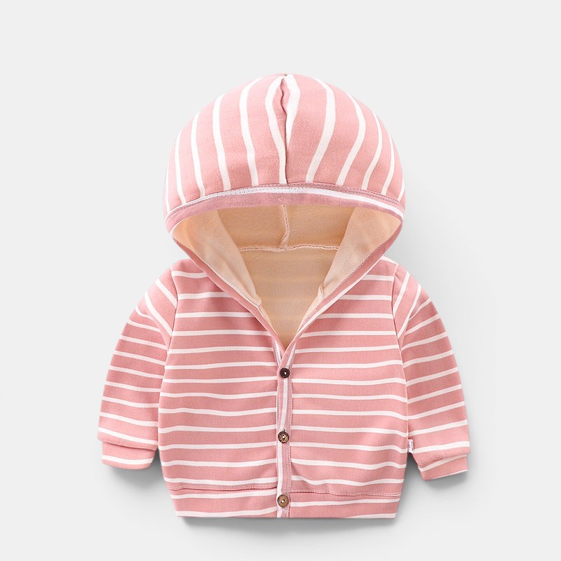 Allzom cardigan de bebé com capuz em rosa e branco às riscas, com forro de lã e botões.