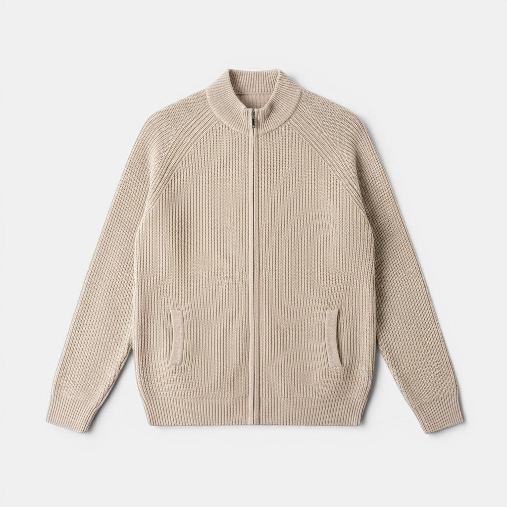 Allzom bege cardigan de malha com fecho de correr e gola alta para homem. Design com costelas e dois bolsos frontais.