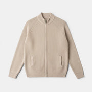 Allzom bege cardigan de malha com fecho de correr e gola alta para homem. Design com costelas e dois bolsos frontais.