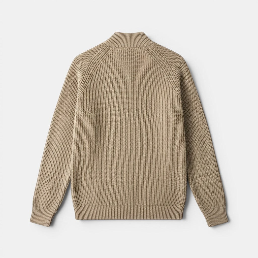 Allzom bege cardigan de malha com fecho de correr e gola alta para homem, cor bege.