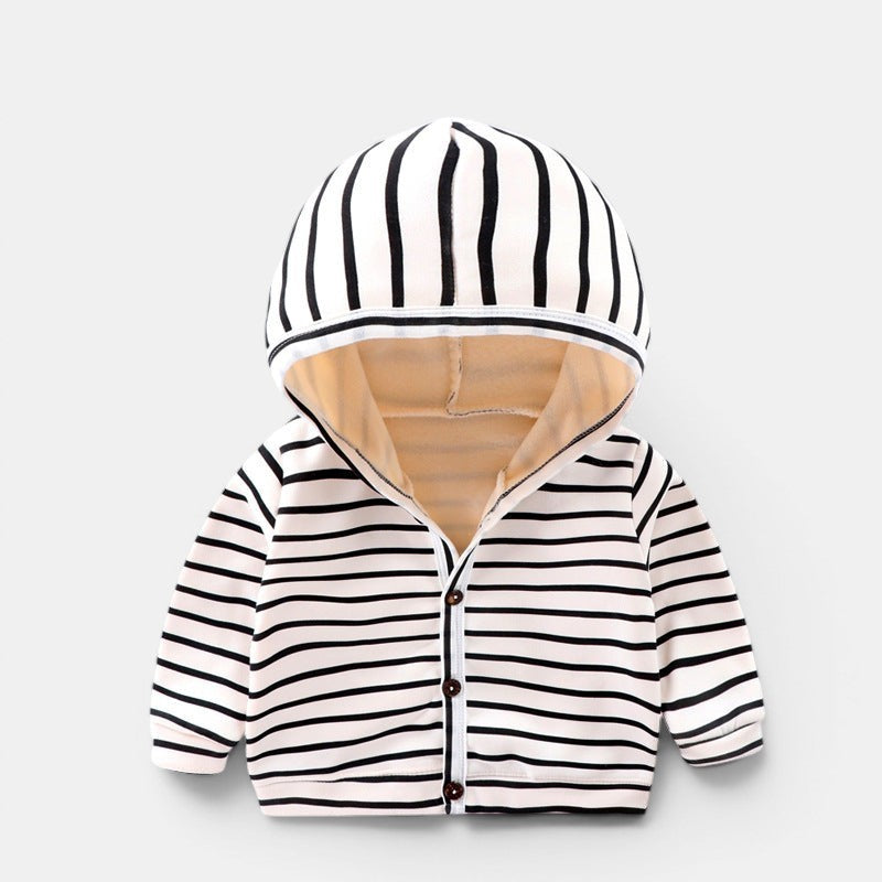 Allzom cardigan de criança com capuz, forro de lã, riscas pretas e brancas, botões frontais.