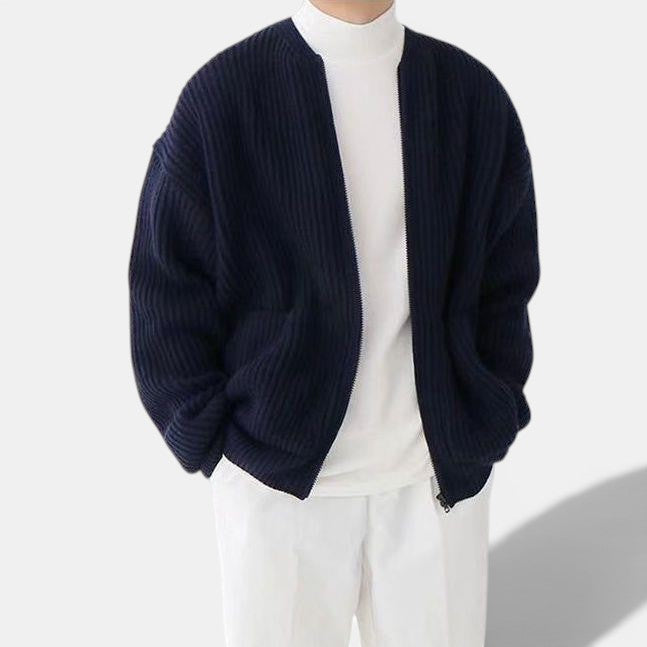 Allzom cardigan de malha azul escuro com fecho de correr, gola funil e bolsos, para todas as estações.