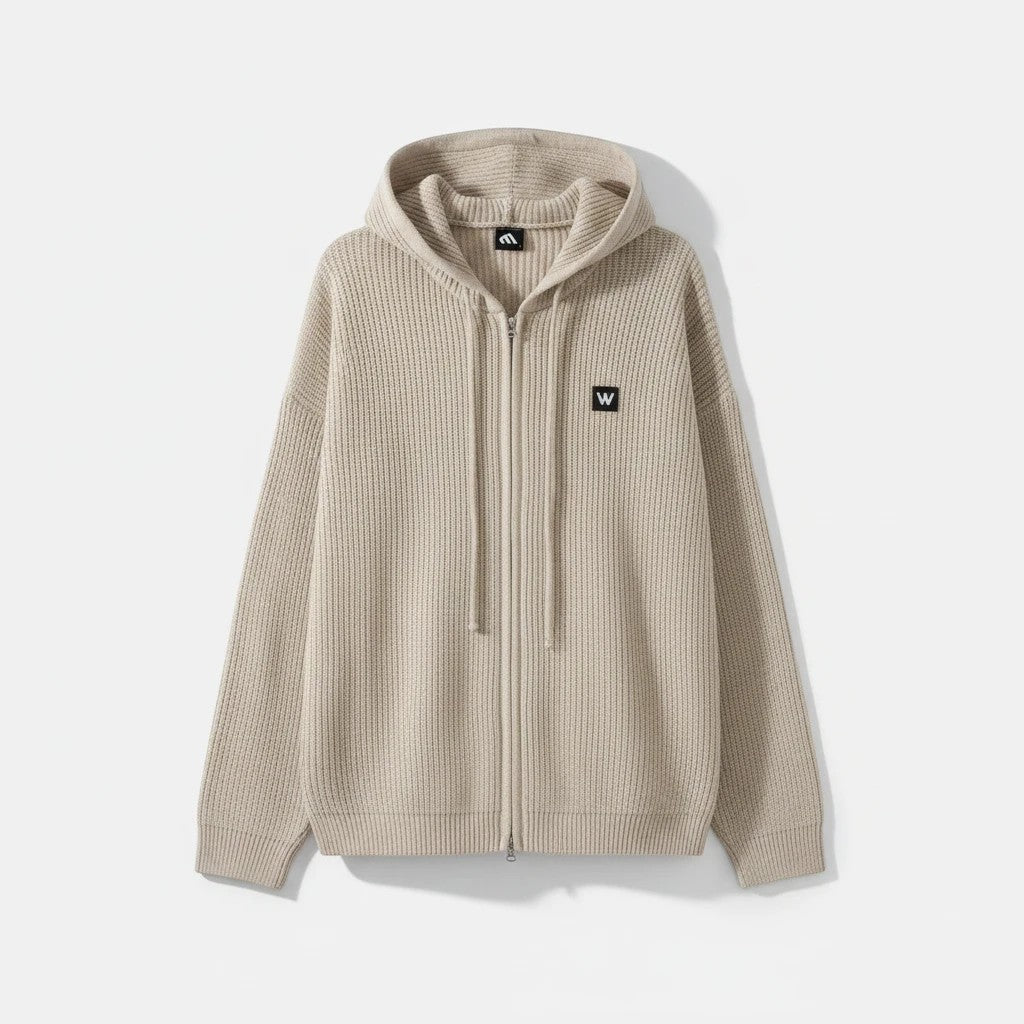 Allzom bege cardigan de malha com fecho completo e capuz para homem, com um pequeno emblema "W" no peito.