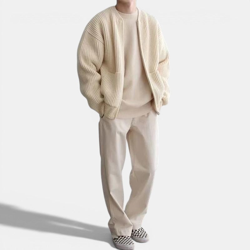Allzom bege cardigan de malha com fecho de correr e gola alta, com bolsos, em malha canelada.