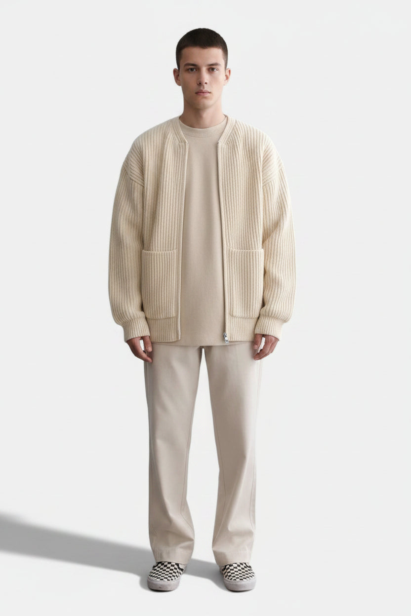 Allzom bege cardigan de malha com fecho de correr e gola alta, com bolsos, em malha canelada.