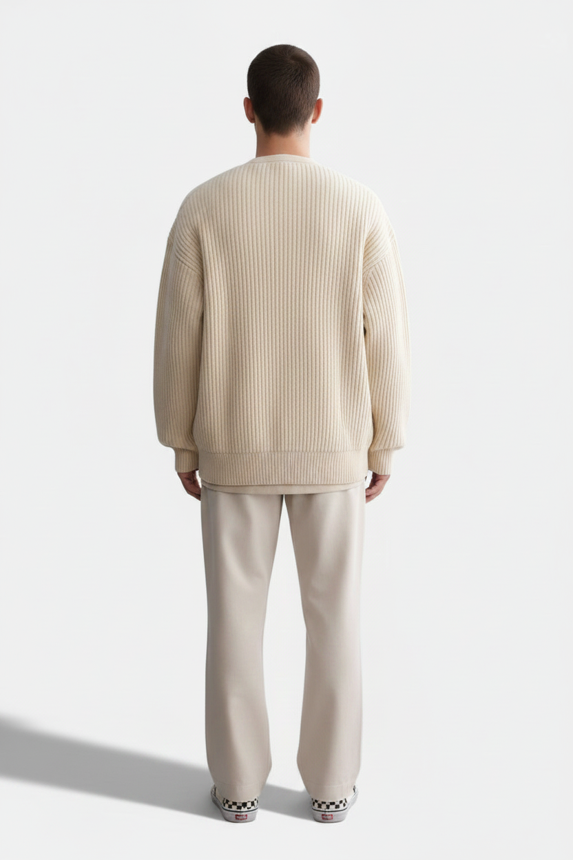Men's Zip-Up Knitted Cardigan – Funnel Neck, Pockets & Fleece Lining