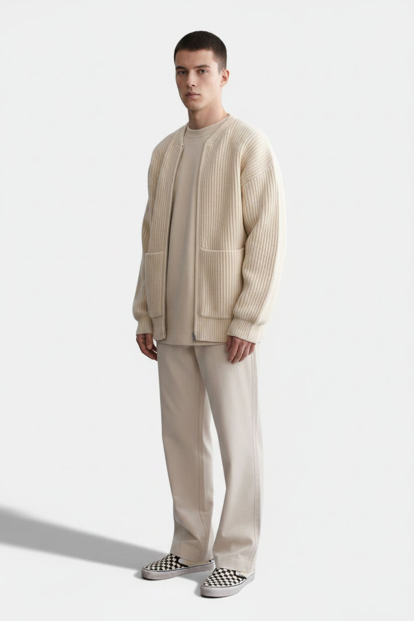 Men's Zip-Up Knitted Cardigan – Funnel Neck, Pockets & Fleece Lining