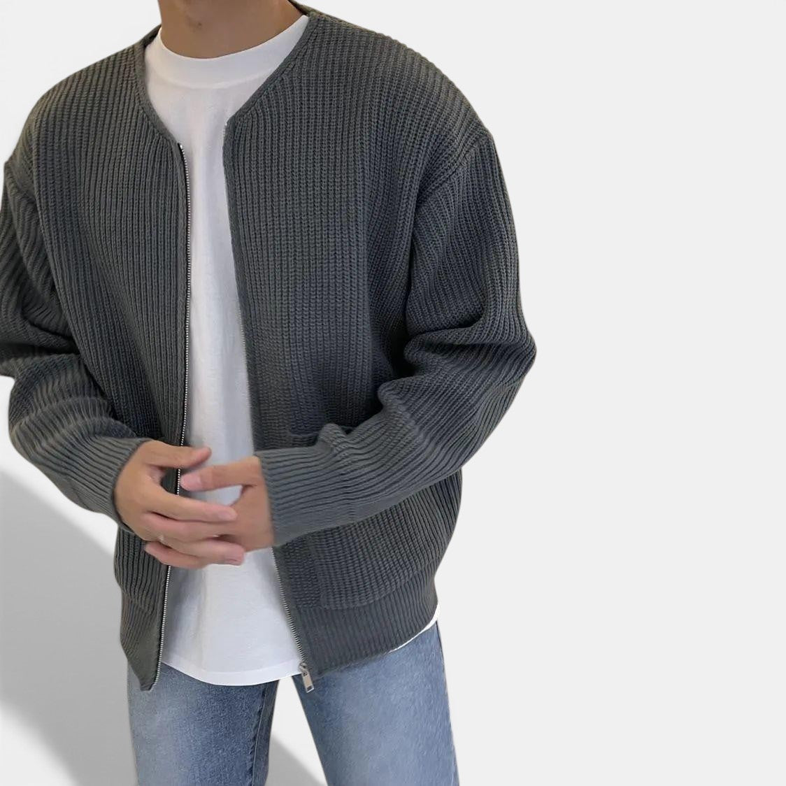 Allzom homem de malha cinzenta com fecho de correr, gola funil, camisola de manga comprida com bolsos.