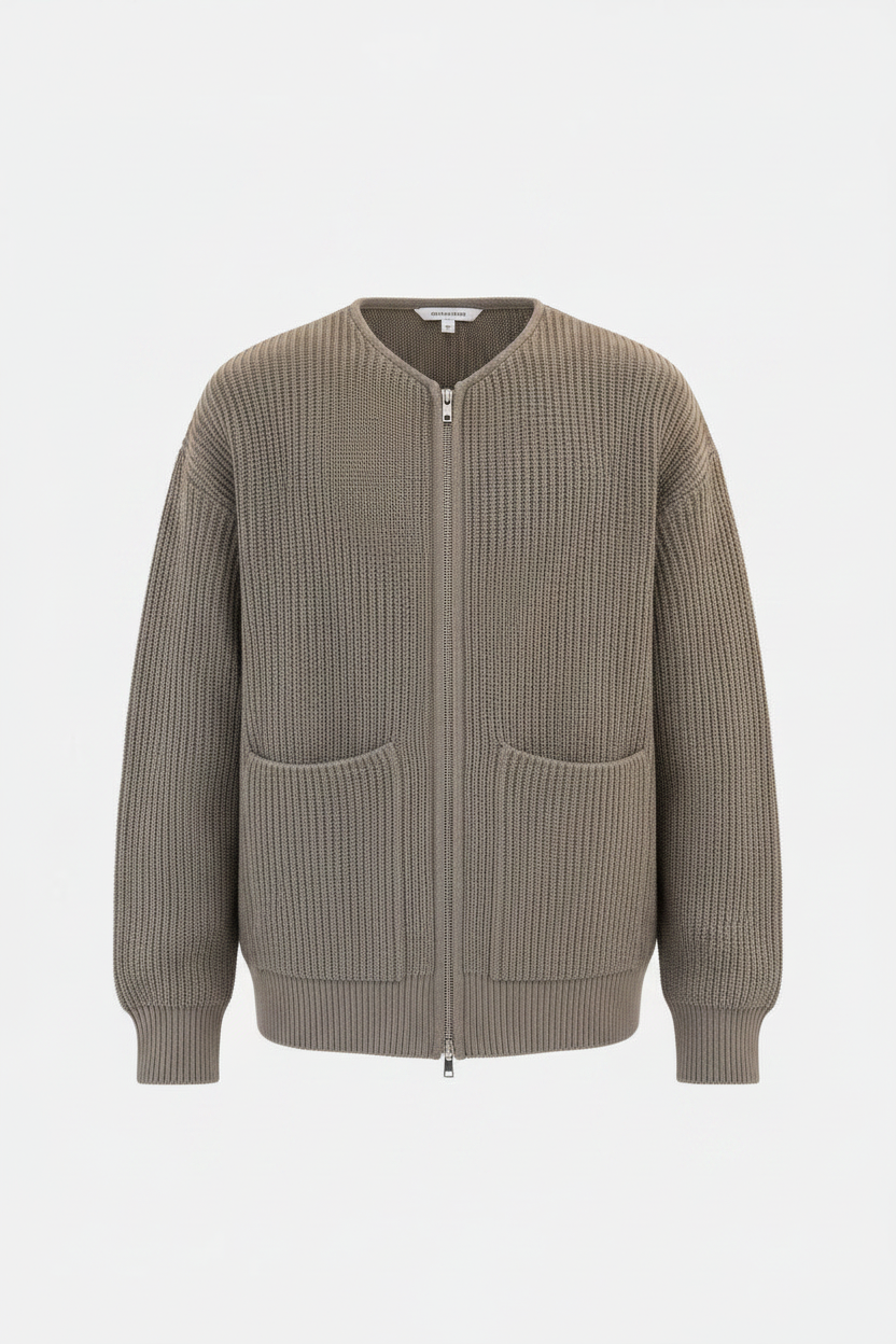 Men's Zip-Up Knitted Cardigan – Funnel Neck, Pockets & Fleece Lining