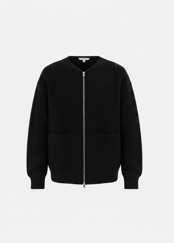 Men's Zip-Up Knitted Cardigan – Funnel Neck, Pockets & Fleece Lining