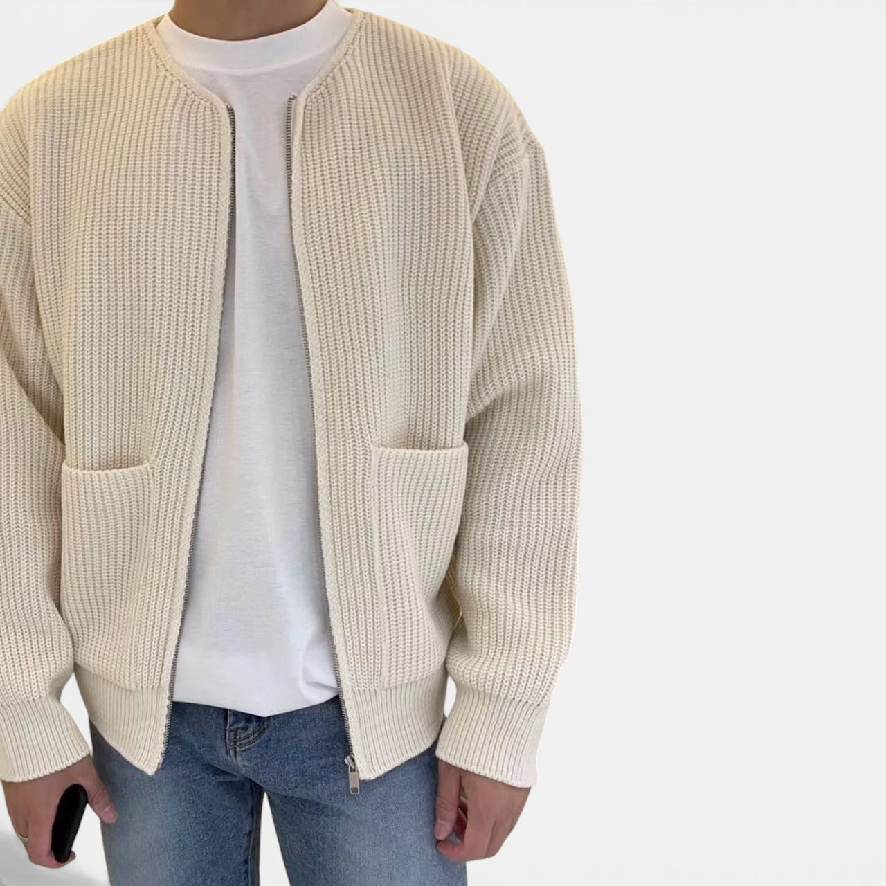 Allzom cardigan de malha com fecho de correr e gola funil em creme, cinza e cinza escuro, com bolsos frontais.