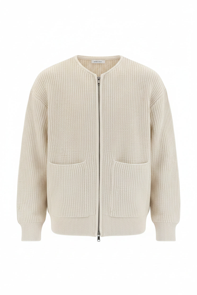 Allzom cardigan de malha com fecho de correr e gola funil em creme, cinza e cinza escuro, com bolsos frontais.