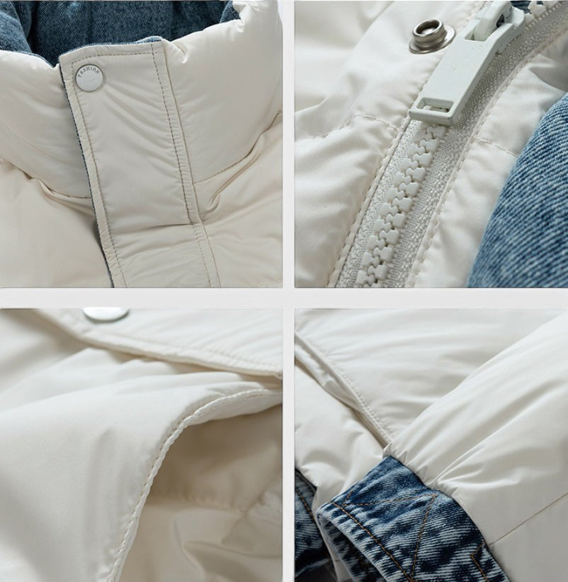 Allzom casaco acolchoado branco com fecho de correr e detalhes em ganga. Design moderno e casual.