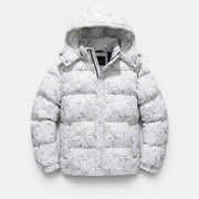 Allzom casaco acolchoado branco com padrão de folhas cinzentas, com capuz e fecho de correr, para homem.