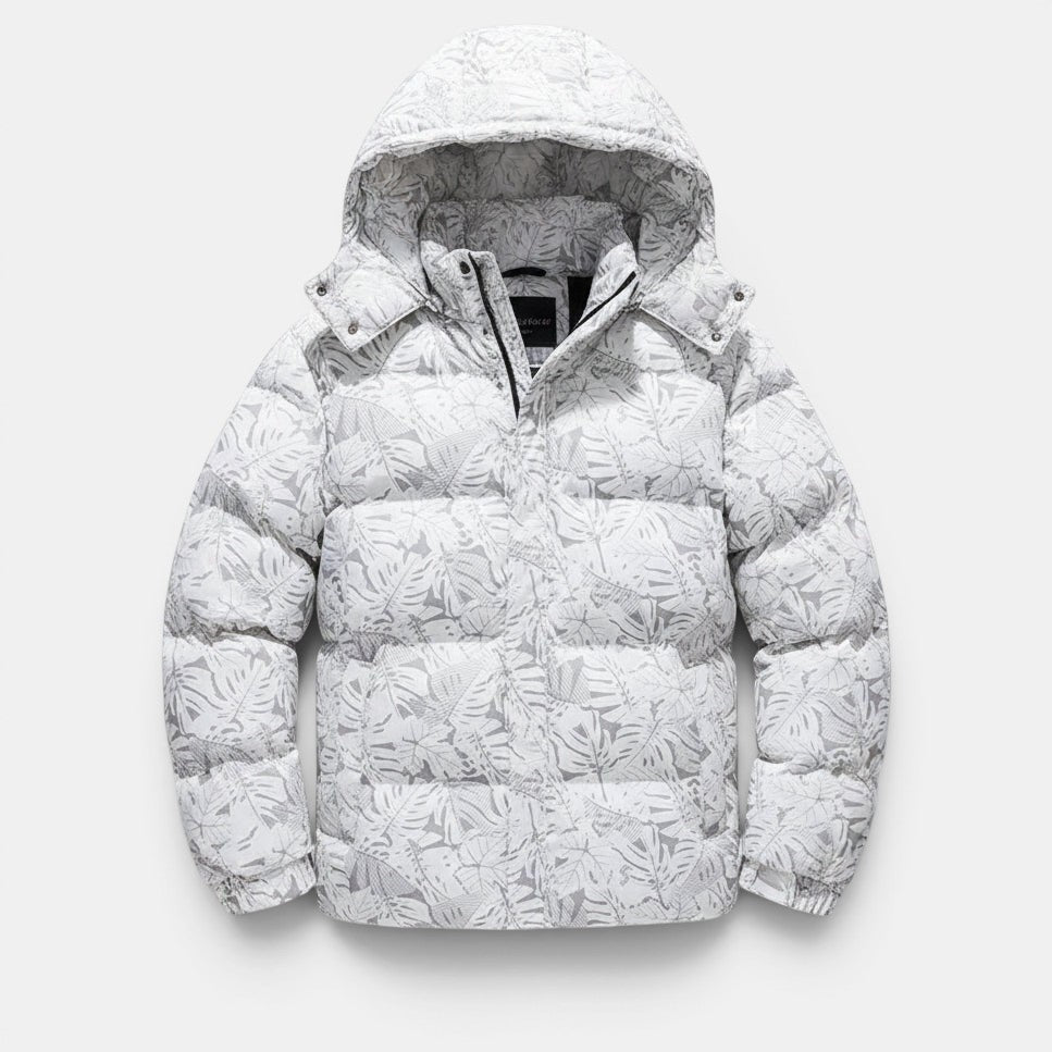Allzom casaco acolchoado branco com padrão de folhas cinzentas, com capuz e fecho de correr, para homem.