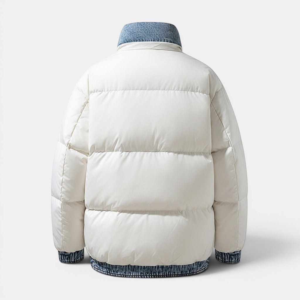 Allzom casaco acolchoado branco com gola e punhos em ganga, para homem.
