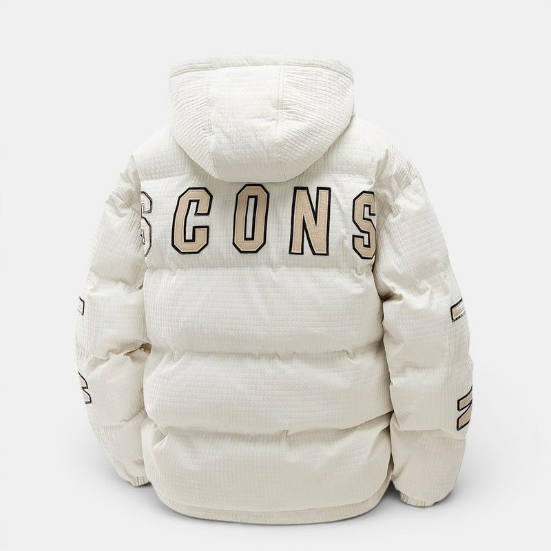 Casaco acolchoado Allzom com capuz e letras impressas em poliéster, cor creme, estilo coreano.