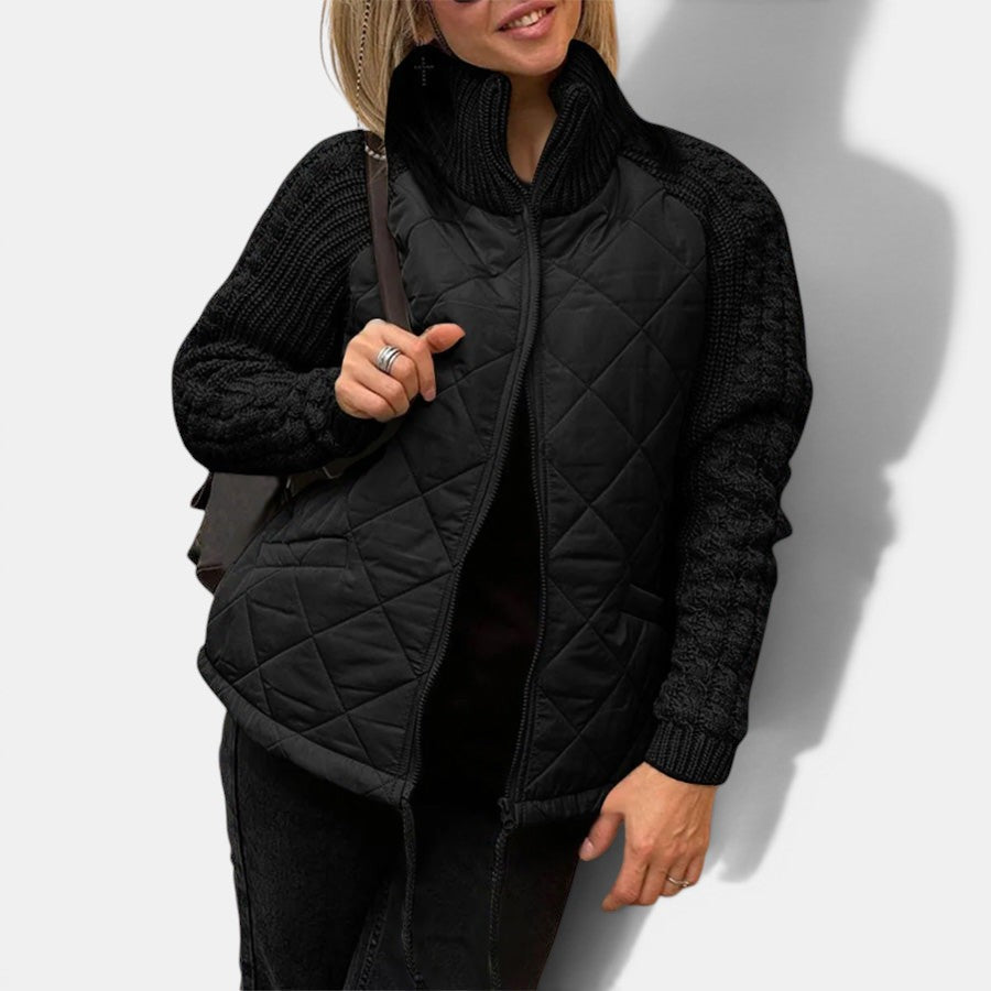 Allzom casaco acolchoado preto com gola alta e mangas de malha com zíper, ideal para o inverno.