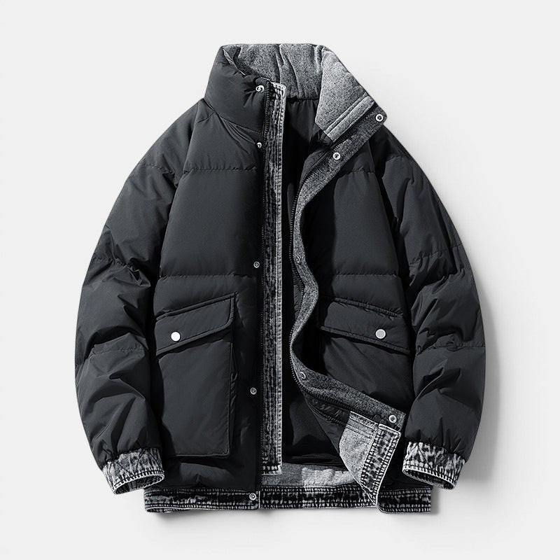 Allzom casaco acolchoado preto masculino com detalhes em ganga e gola alta.