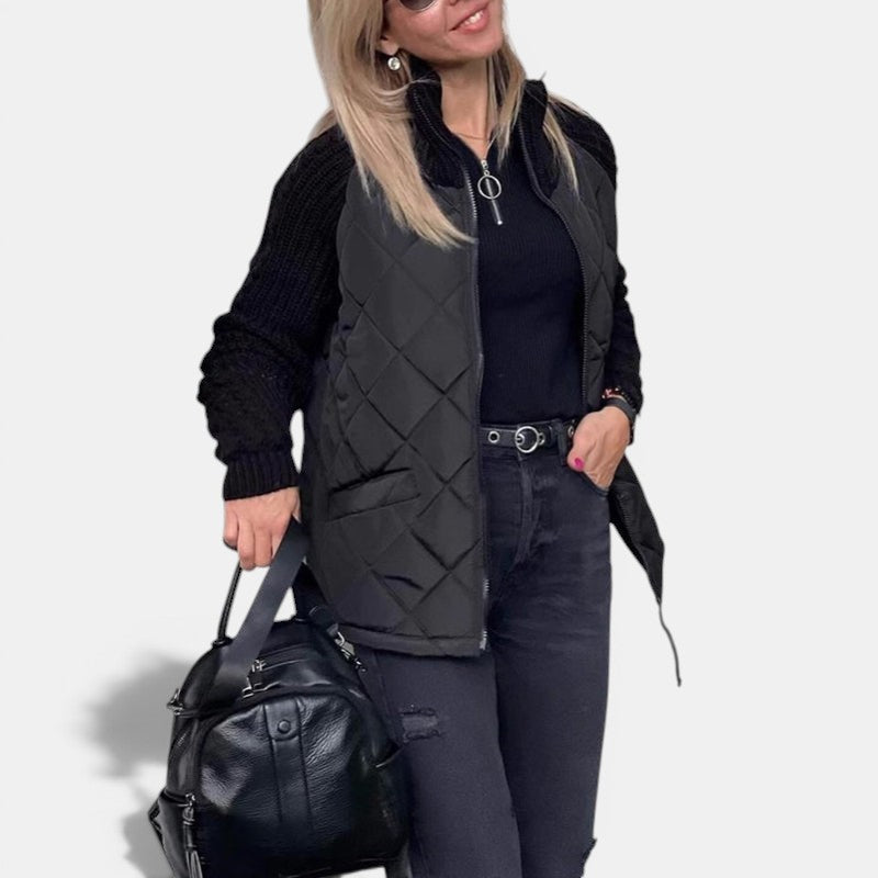 Allzom mulher casaco acolchoado preto com gola alta e fecho de correr, mangas de malha preta.