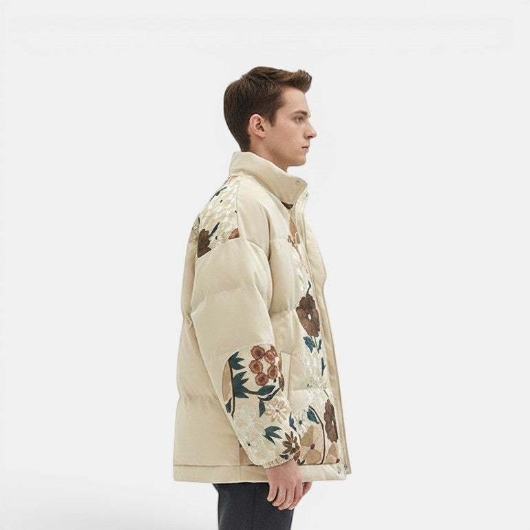 Allzom casaco de algodão bege masculino com gola alta e bordado floral, estilo cardigan.