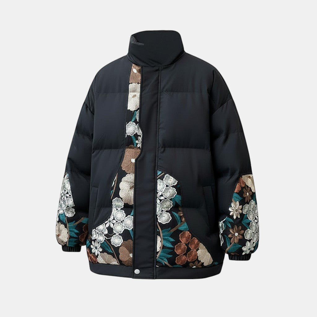 Allzom Casaco de algodão preto com gola alta e bordado floral colorido nas mangas e frente.