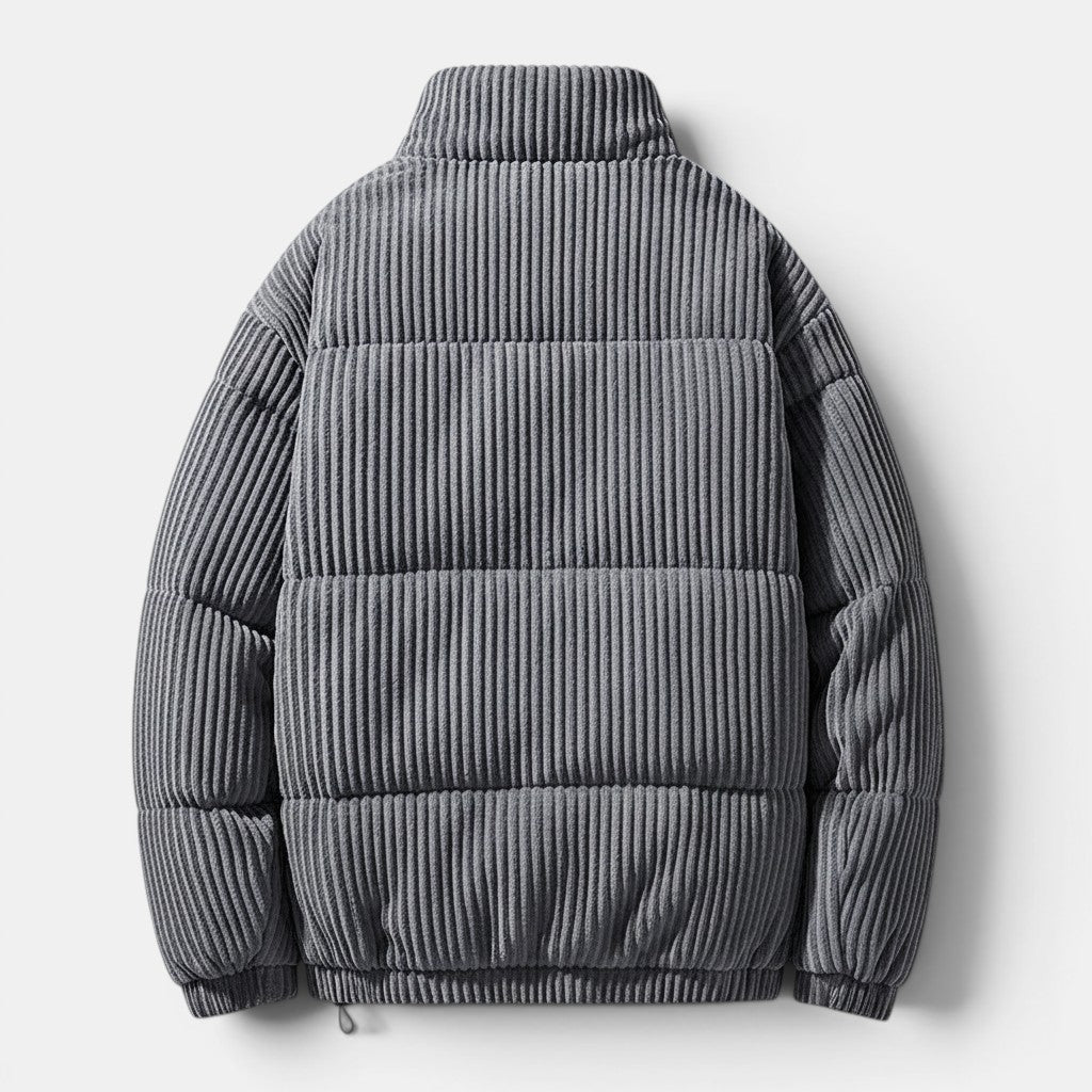 Casaco masculino Allzom retro em algodão grosso, cinzento, com fecho de correr e gola alta, estilo casual.