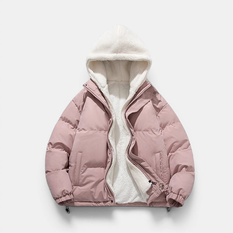 Allzom casaco de algodão rosa com forro de lã, com capuz, fecho de correr e bolsos laterais.