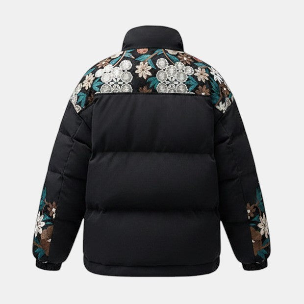 Allzom casaco de algodão preto com gola alta e bordado floral nas costas e mangas