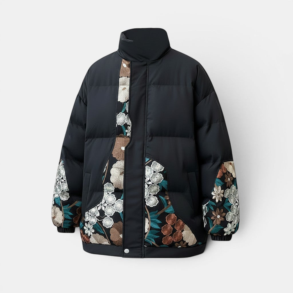 Allzom casaco de algodão preto com gola alta e bordado floral colorido nas mangas e painéis frontais.