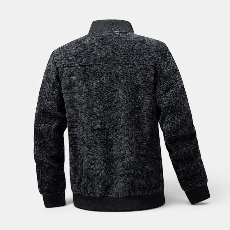 Allzom Casaco bomber retro masculino em preto, com gola alta e punhos canelados.