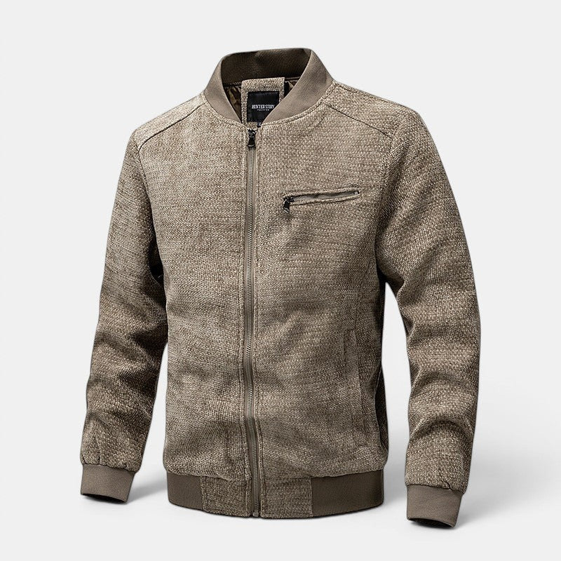 Allzom casaco bomber retro masculino em tecido texturizado castanho com fecho de correr e bolso no peito.