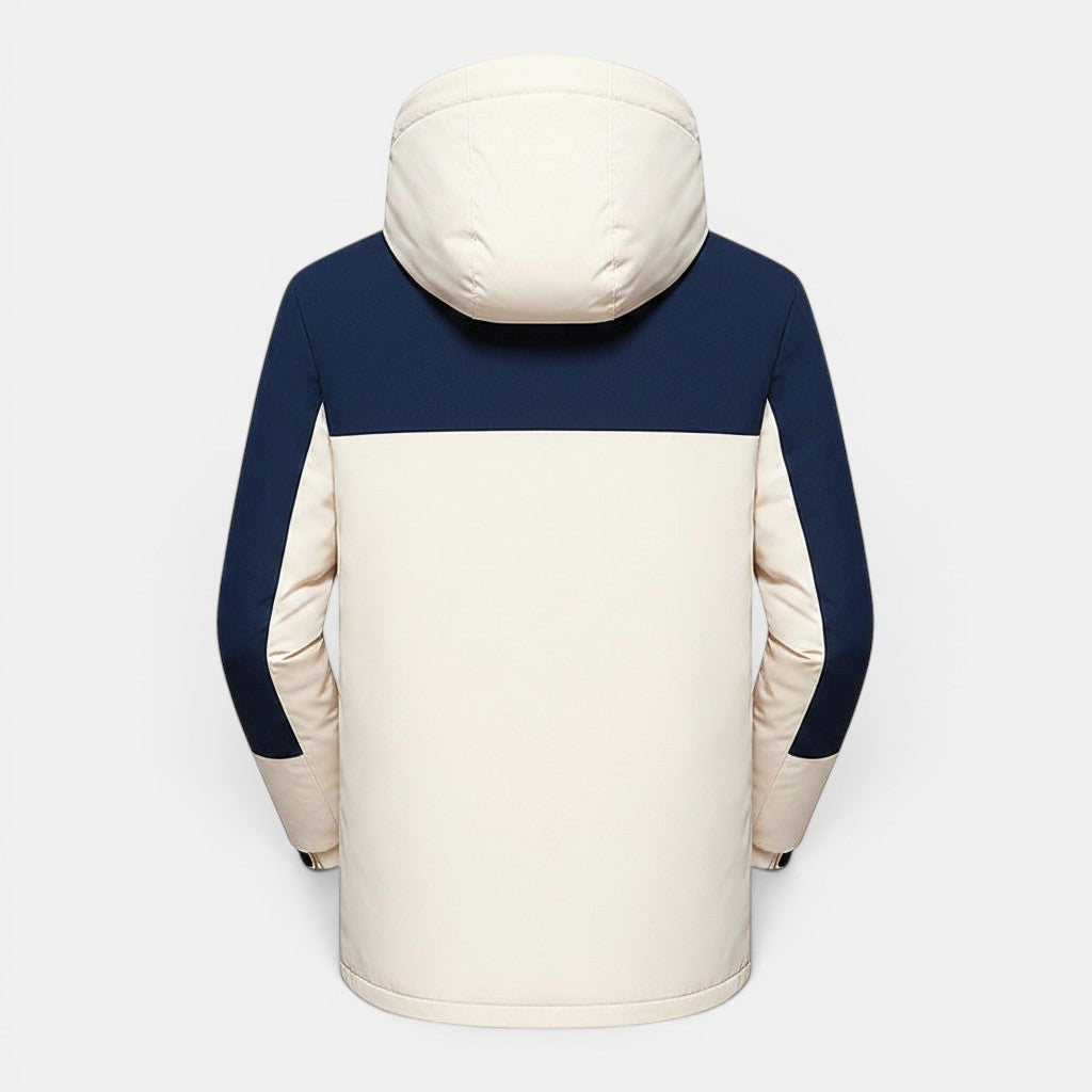 Casaco de inverno Allzom com capuz, em blocos de cor azul marinho e bege, com fecho de correr e bolsos laterais.