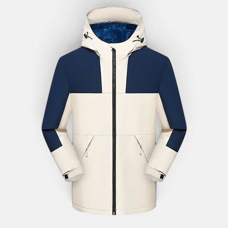 Allzom Casaco de inverno masculino com capuz em blocos de cor azul marinho e bege, com fecho de correr e bolsos.