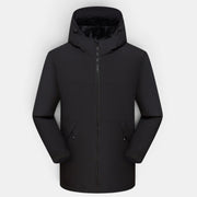 Casaco de inverno Allzom preto com capuz, fecho de correr e bolsos laterais com fecho. Forro interior quente.