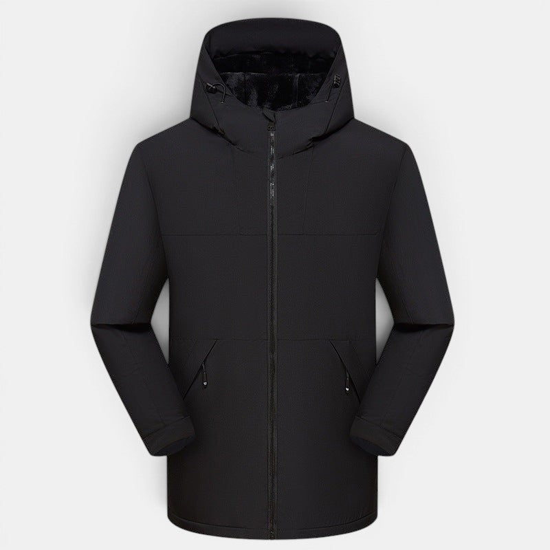 Casaco de inverno Allzom preto com capuz, fecho de correr e bolsos laterais com fecho. Forro interior quente.