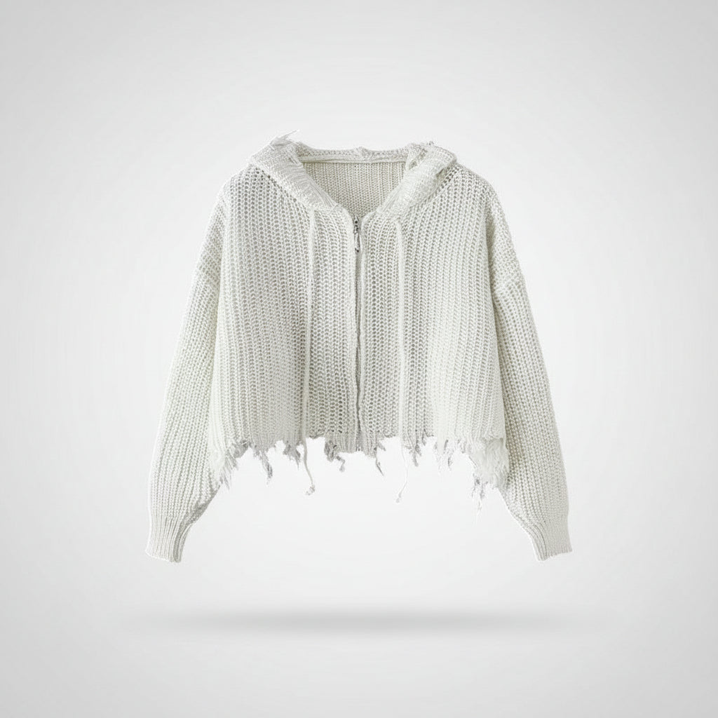 Allzom casaco de malha com capuz branco, com fecho de correr e franjas desfiadas na bainha e punhos.