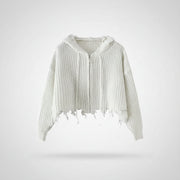 Allzom casaco de malha com capuz branco, com fecho de correr e franjas desfiadas na bainha e punhos.