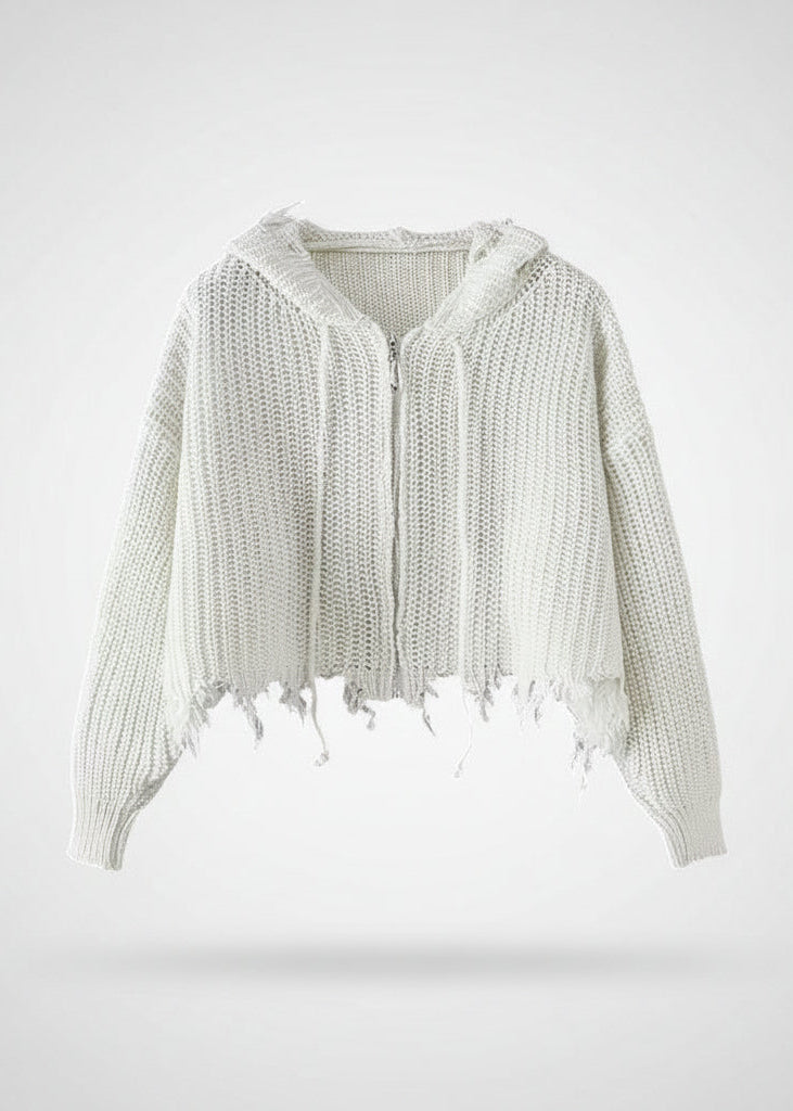 Allzom casaco de malha com capuz branco, com fecho de correr e franjas desfiadas na bainha e punhos.