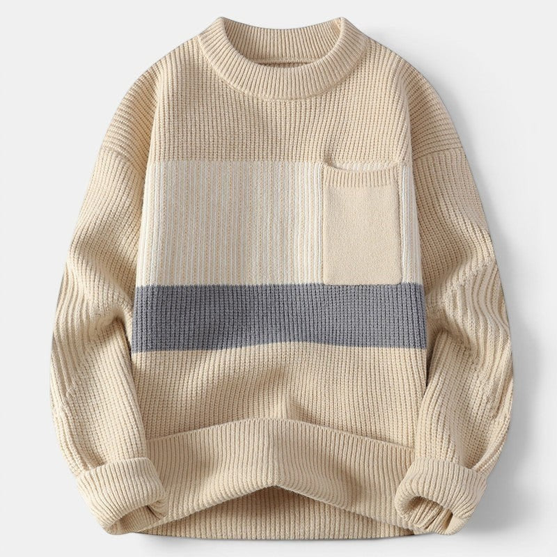 Allzom camisola de malha larga com blocos de cores em creme, bege e cinza, com bolso no peito.
