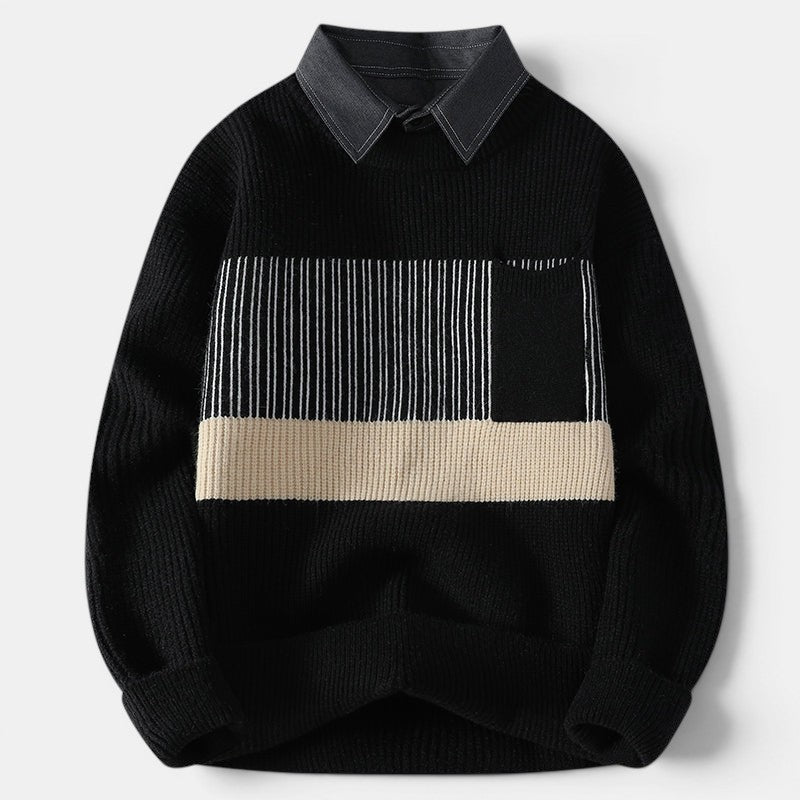 Allzom casaco de malha preto com gola de ganga, padrão geométrico em bege e branco, para homem.