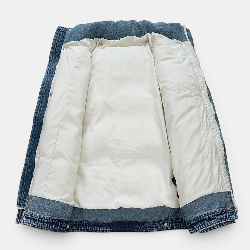 Allzom Casaco acolchoado masculino em ganga azul com forro branco, com fecho de correr e botões.